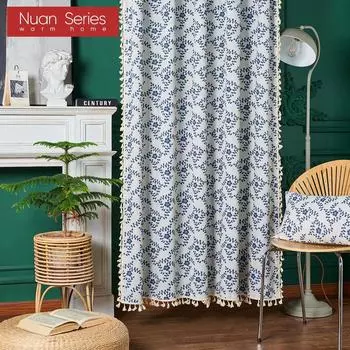 1 шт. серия Nuan в китайском стиле с белой кисточкой и цветком сливы с принтом полузатемняющиеся шторы и перегородки для небольших окон, балкона, домашний декор W150cm x L60cm синий