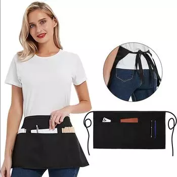 1 шт. серверные фартуки с 3 карманами-фартуки для официанток для женщин и мужчин, водостойкие полуфартуки с добавленным длинным поясным ремнем чёрный