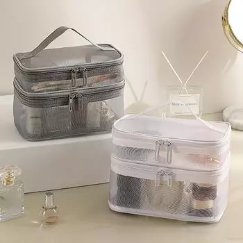 1 шт. сетчатая косметичка, сетчатая косметичка для офиса, дорожные сумки для хранения, двухслойные косметички бежевый