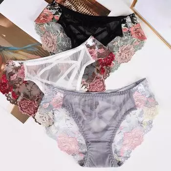 1 шт., сетчатые трусы с вышивкой и цветочным принтом, нижнее белье, трусы, кружевные ажурные женские трусы M