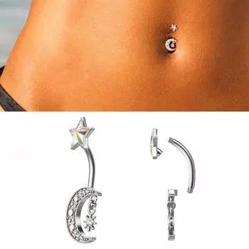 1 шт., сексуальный пирсинг живота со звездой и Луной, Nombril, кристалл, хирургическая сталь, кольца для пупка для женщин, изогнутое кольцо, украшения для тела
