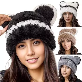 1 шт. шапка-бини, холодостойкая, зимняя, теплая, вязаная, головной убор, медвежьи ушки, мягкая, утолщенная, плюшевая, шапки для улицы, ветрозащитная, защита ушей
