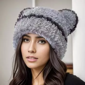 1 шт. шапка-бини мягкая утолщенная вязаная шапка с медвежьими ушками защита ушей морозостойкая плюшевая шапка для улицы ветрозащитная зимняя теплая чёрный