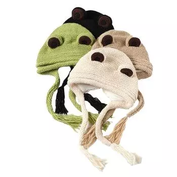 1 шт. шапка для головы, уличная шапка-лягушка, большие глаза, длинная коса, милая вязаная защитная шерстяная шапка чёрный