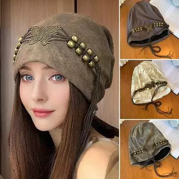 1 шт. шапка в стиле ретро, дышащая, универсальная, окрашенная в технике тай-дай, с кисточками, нитками, бабочками, аксессуарами