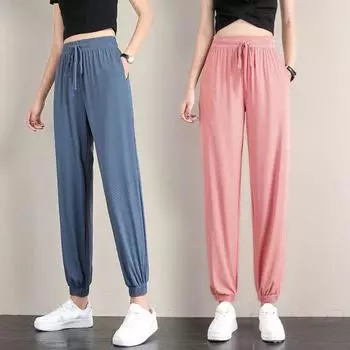 1 шт. широкие брюки на шнурке, штаны-шаровары из ледяного шелка, брюки из полиэстера, тонкие женские брюки с высокой талией S серый