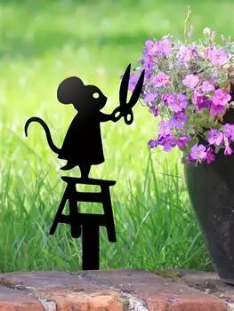 1 шт. силуэтный металлический садовый столб с дизайном мыши с ножницами, табличка для газона в стиле ар-деко, креативные украшения-скульптуры животных
