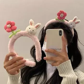1 шт., симпатичные резинки для волос в виде кролика, розовый цветок, плюшевый обруч для волос, модная женская повязка на голову, обруч для волос, милые резинки для волос, аксессуары для женщин 1pcs