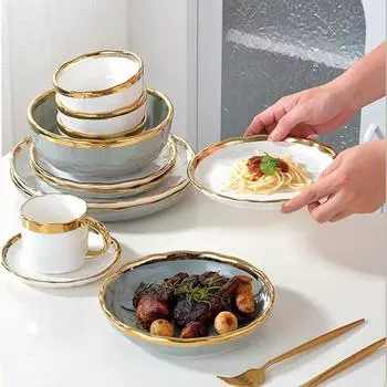 1 шт., скандинавская белая серая тарелка, миска, легкая, роскошная керамическая посуда с золотым краем, фарфоровая миска для риса, диск, кухонные принадлежности