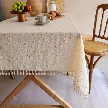 1 шт., скатерть с кисточками, небольшая, в стиле кантри, украшение стола, прямоугольная, с рисунком в виде ромашек, пылезащитная скатерть с 90*140cm белый