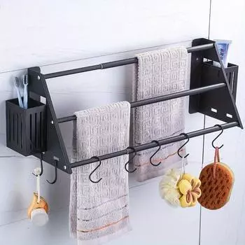 1 шт., складная телескопическая вешалка для полотенец с тремя перекладинами без перфорации, настенная вешалка для полотенец с крючками, вешалка для полотенец для кухни чёрный