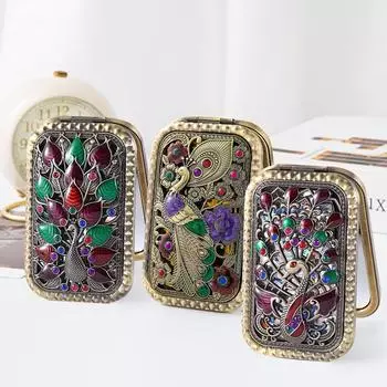 1 шт., складное зеркало для макияжа в европейском стиле с узором павлина, подарок на вечеринку, роскошное винтажное портативное ручное зеркало для макияжа, металлическое двухстороннее зеркало