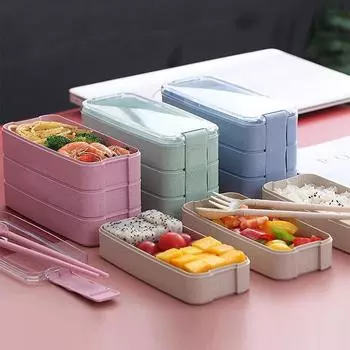 1 шт., соломенный ланч-бокс для милых девочек, ланч-бокс для начальной школы, офисный работник, трехслойный портативный набор Two Layer-750ml зелёный