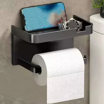 1 шт. Современный самоклеящийся пластиковый держатель для туалетной бумаги с полкой, настенный диспенсер для рулонов салфеток без сверления с местом для хранения аксессуаров для ванной комнаты чёрный