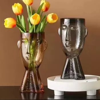 1шт Лицо Арт Стеклянная Ваза Ретро Простая Ваза Для Цветов Абстрактное Искусство Человеческое Лицо Ваза серый