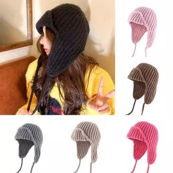 1 шт. стильная вязаная шапка для защиты ушей, кепка для летчиков, теплая, морозостойкая, мягкая, утолщенная, ветрозащитная для улицы чёрный