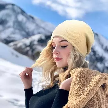 1 шт. Стильная вязаная шапка, зимняя теплая шерстяная шапка, однотонная, мягкая, утолщенная, защита от холода бежевый