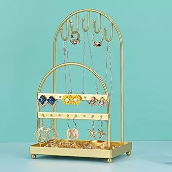 1 шт. стойка для украшений, идея подарка, подставка для сережек, органайзер для повязок на голову, железный золотой держатель для украшений, 2 уровня с металлическим подносом 15*25.5*8.5cm