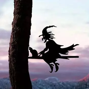 1 шт. Страшная ведьма и кошка на ветке, стальной силуэт, металлическое настенное искусство для дома, двора и патио, наружная статуя, украшение для колышка бежевый