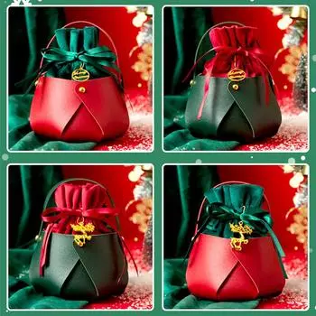 1 шт. сумка для конфет с ручкой, упаковка для яблок, рождественский подарочный пакет 2025, новогодний бархатный тканевый мешочек с завязкой, красная зеленая кожаная ткань
