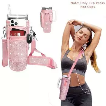 1 шт. сумка для переноски бутылок с водой, совместимая с Stanley 40 унций, держатель для бутылок с водой с алмазной инкрустацией и регулируемым плечевым ремнем розовый