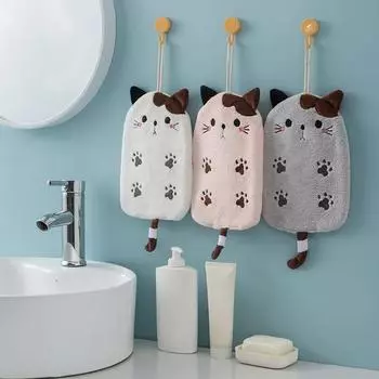 1 шт. супер впитывающее подвесное полотенце с вышивкой кота, домашний декор двойного назначения, коралловое бархатное полотенце для рук, принадлежности для ванной комнаты