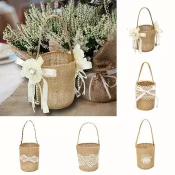 1 шт. Свадебный подарочный пакет с ручкой, корзина для цветов на детскую вечеринку, винтажное кружевное украшение стола, сумка для конфет, праздничная мешковина, лен