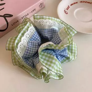 1 шт. Свежий сине-зеленый~Двухслойная кружевная клетчатая резинка для волос большого кишечника, высококлассный аксессуар для волос, повязка на голову