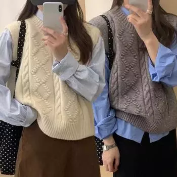 1 шт. свободный толстый женский осенне-зимний винтажный круглый вырез свитер жилет полиэстер трикотажные топы пуловер белый