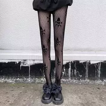 1 шт. темно-черных носков JK с рисунком черепа, сетчатые красные и черные чулки, тонкие чулки, ажурный жаккардовый узор One Size чёрный