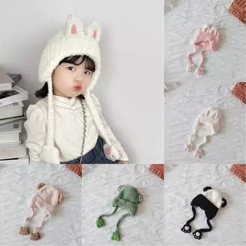 1 шт. теплая пушистая шапочка для мальчиков и девочек, милая вязаная крючком шапочка с изображением животных из мультфильмов для малышей, осенне-зимняя вязаная шапка черный белый