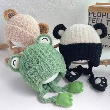 1 шт. теплая пушистая шапочка для мальчиков и девочек, милая вязаная крючком шапочка с изображением животных из мультфильмов для малышей, осенне-зимняя вязаная шапка