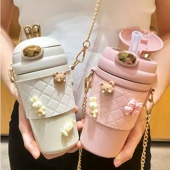 1 шт., термос-бутылка Cute Bunny, 16,23 унции, термос из нержавеющей стали 304, термокружка Kawaii Girly Travel розовый