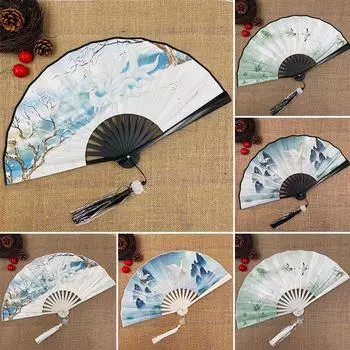1 шт., тканевый карманный бамбуковый орнамент с ручкой, ручной веер, складной веер, декоративный домашний декор A