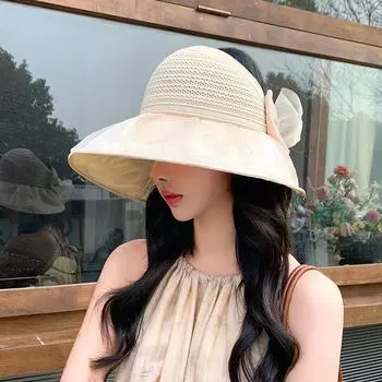 1 шт. тонкая уличная пляжная кепка с пустым верхом от солнца, солнцезащитная шляпа с лентой и бантом, рыбацкая шляпа, защита от солнца для женщин бежевый