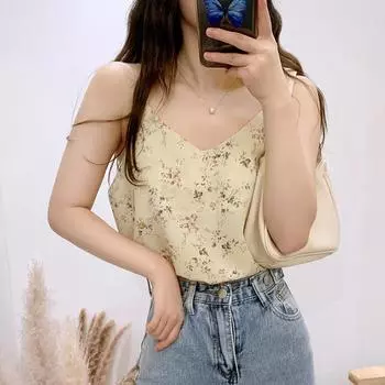 1 шт. топ на бретельках с цветочным принтом, укороченные топы из полиэстера, шифоновые топы, майка, жилет с открытой спиной, V-образный вырез L белый