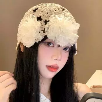 1 шт. Тюрбан-шапка в стиле ретро с кружевным цветком, ручная работа, мягкая дышащая шапка-бини, сохраняющая тепло, вязаная шапка с выемкой чёрный