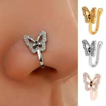 1 шт. U-образное накладное кольцо для носа в форме бабочки, шпилька для носа, блестящие стразы, инкрустация, непирсинг, зажим для носа, ювелирное изделие, подарок розового золота