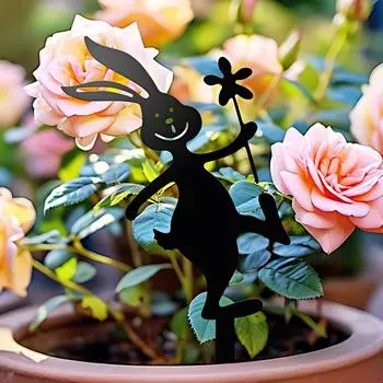 1 шт. Украшения для патио с газоном, большой кролик, держащий цветы, симпатичная вставка для земли, 30 см, садовые колышки, силуэт кролика, металл