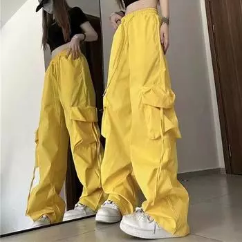 1 шт., уличная одежда из полиэстера, широкие брюки, брюки-карго, прямые брюки, женская мода S жёлтый