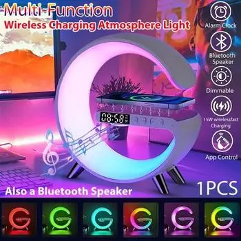 1 шт., умная Bluetooth звуковая машина, светодиодная лампа с беспроводным зарядным устройством, атмосферная лампа с управлением через приложение для украшения дома в спальне 15*15*5.5cm белый