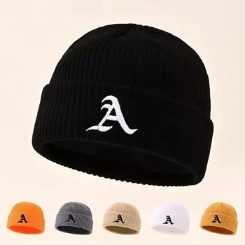 1 шт. Унисекс классическая шляпа без полей с регулируемой манжетой, простая вязаная шапка с буквенным узором, подходит для повседневной носки зимой чёрный