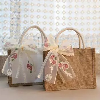 1 шт. Универсальная сумка для покупок с ручками, подкладка, сумки для подружек невесты, пасторальные джутовые подарочные пакеты, большая вместимость, ленточная льняная сумка, элегантный размер SML S