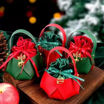 1 шт. Упаковка для яблок 2025 г., новогодний рождественский подарочный пакет, красная зеленая кожаная сумка с ручкой для конфет