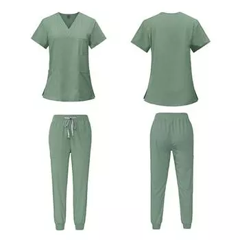 1 шт. V-образный вырез свободная рабочая больничная одежда повседневная рабочая одежда для медсестры короткий рукав топы + брюки L светло-синий