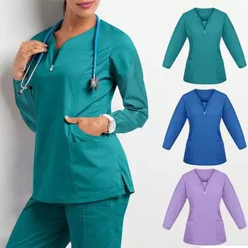 1 шт. V-образный вырез свободный медицинский больничный доктор осень-зима длинный рукав одежда топы M