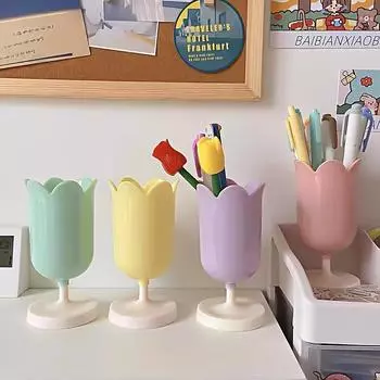 1 шт. Ведро для хранения, пластиковые украшения, держатель для ручек в виде тюльпана, настольное украшение для хранения кистей для макияжа