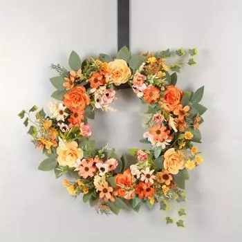 1 шт. Весенний венок для входной двери, искусственный венок из пионов, 40 см, цветочный венок на дверь с зелеными листьями, украшение для свадебной стены дома оранжевый