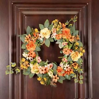 1 шт. Весенний венок для входной двери, искусственный венок из пионов, 40 см, цветочный венок на дверь с зелеными листьями, украшение для свадебной стены дома оранжевый