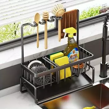 1 шт. Вешалка для тряпок, кухонная полка, сливная полка для раковины, сливная корзина, столешница, многофункциональный органайзер для моющих средств для губки чёрный